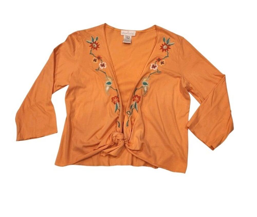 Soft Surroundings Peach Floral Cotton Tie Front Women's Top Medium Cover-up